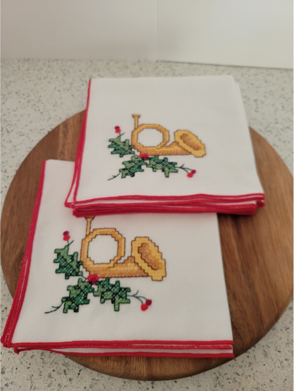 Bucilla Christmas Cloth Napkins Cross Stitch French Horn Set of 6 Red Trim Vtg